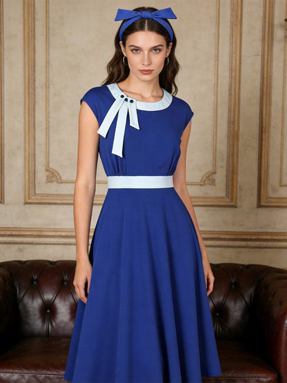 Vintage Swing Dress Women's 1950s Contrast Trim Bow Neck Tea Party Dress