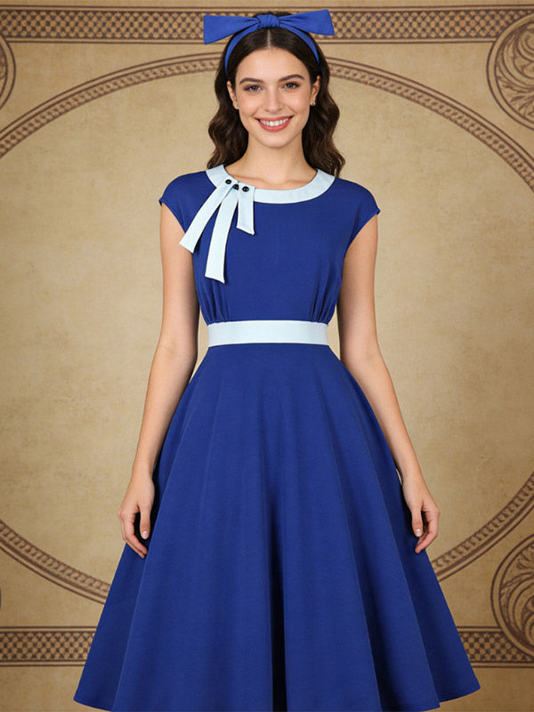 Vintage Swing Dress Women's 1950s Contrast Trim Bow Neck Tea Party Dress