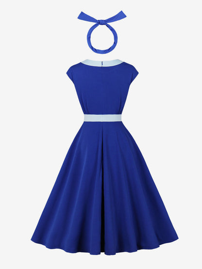 Vintage Swing Dress Women's 1950s Contrast Trim Bow Neck Tea Party Dress