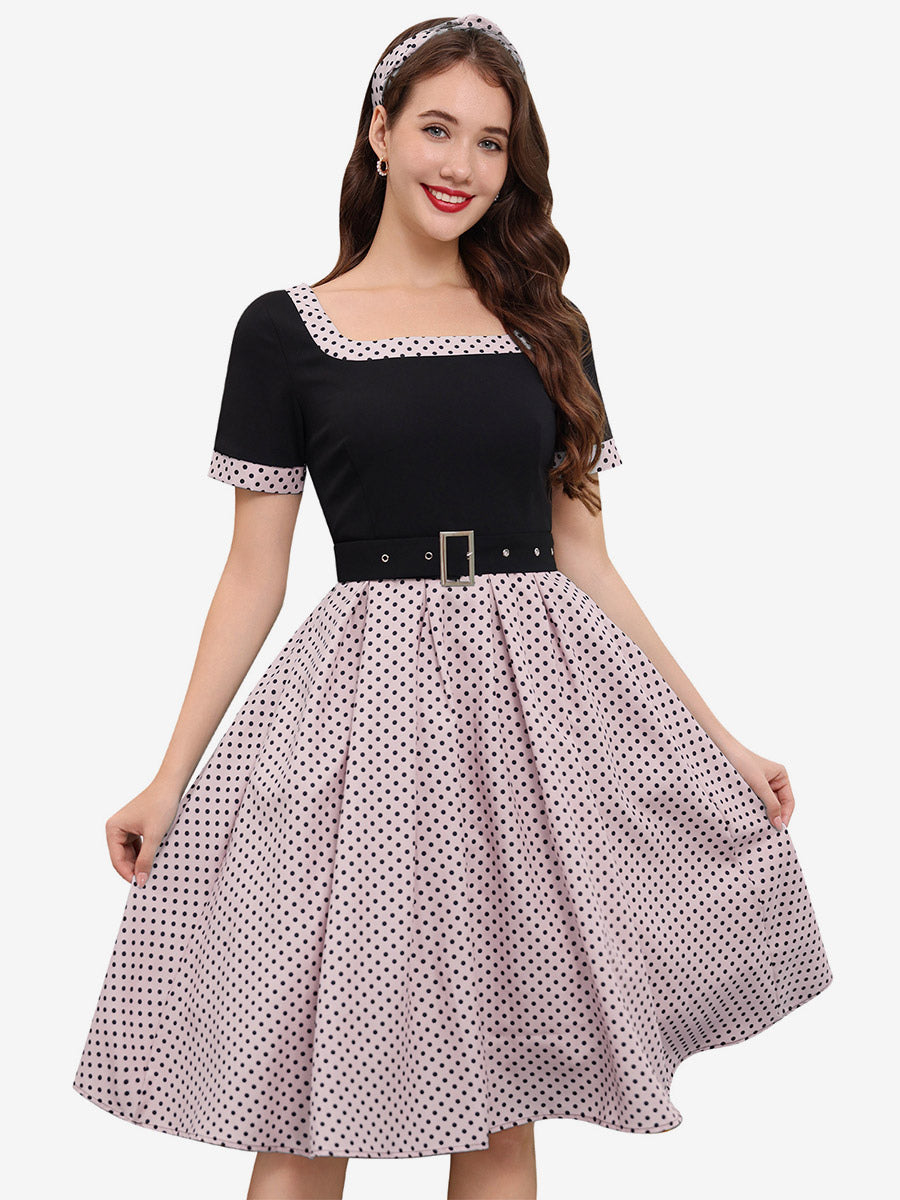 Vintage Swing Dress 1950s Contrast Polka Dot Dress Square Neck Tea Party Dress