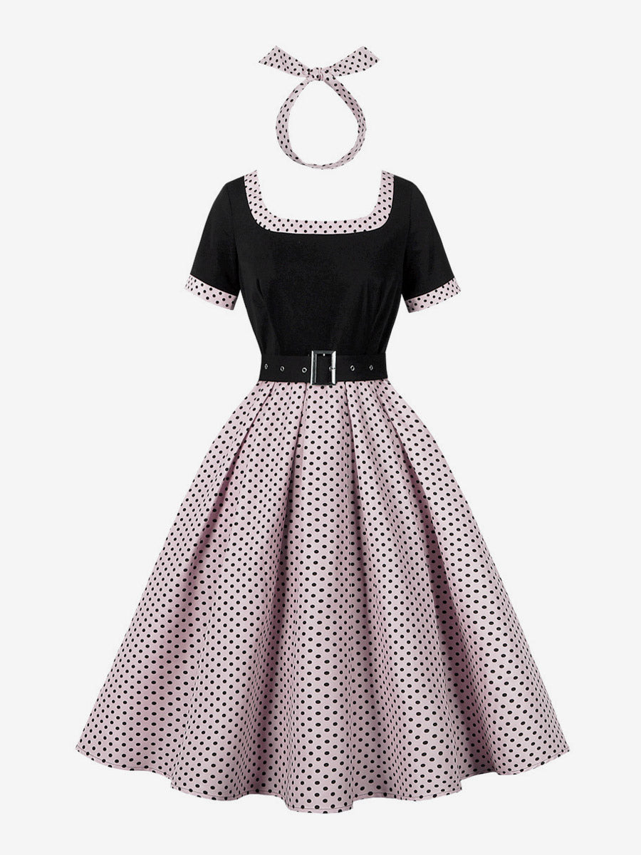Vintage Swing Dress 1950s Contrast Polka Dot Dress Square Neck Tea Party Dress
