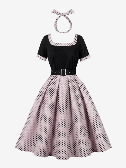 Vintage Swing Dress 1950s Contrast Polka Dot Dress Square Neck Tea Party Dress