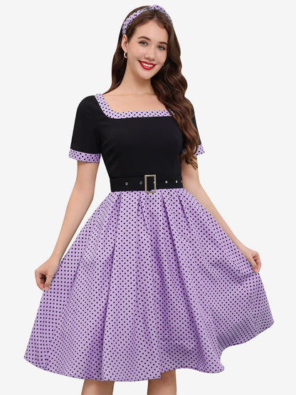 Vintage Swing Dress 1950s Contrast Polka Dot Dress Square Neck Tea Party Dress