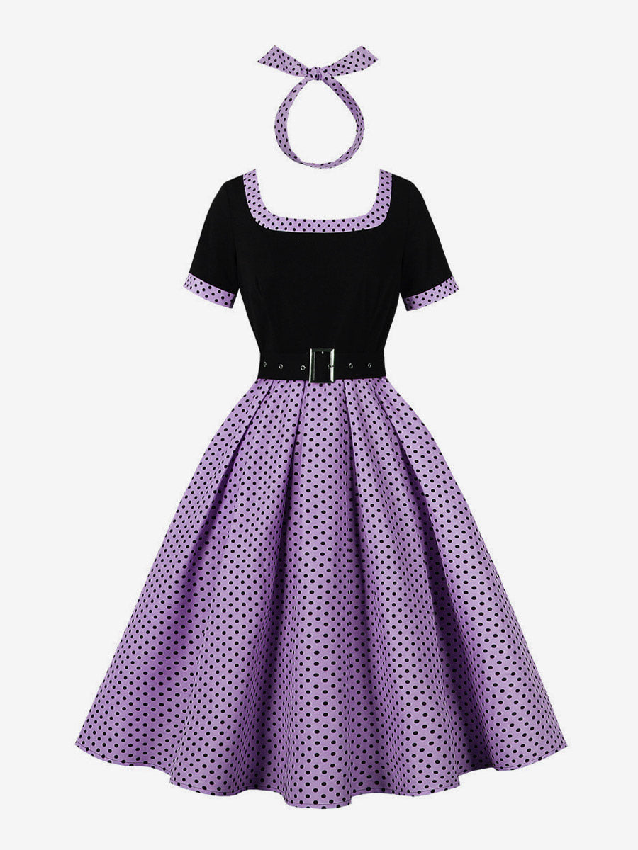 Vintage Swing Dress 1950s Contrast Polka Dot Dress Square Neck Tea Party Dress