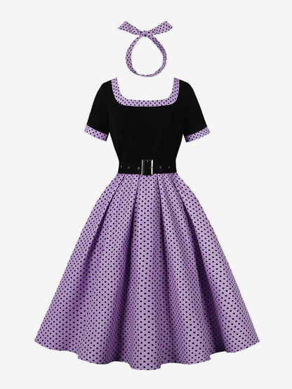 Vintage Swing Dress 1950s Contrast Polka Dot Dress Square Neck Tea Party Dress
