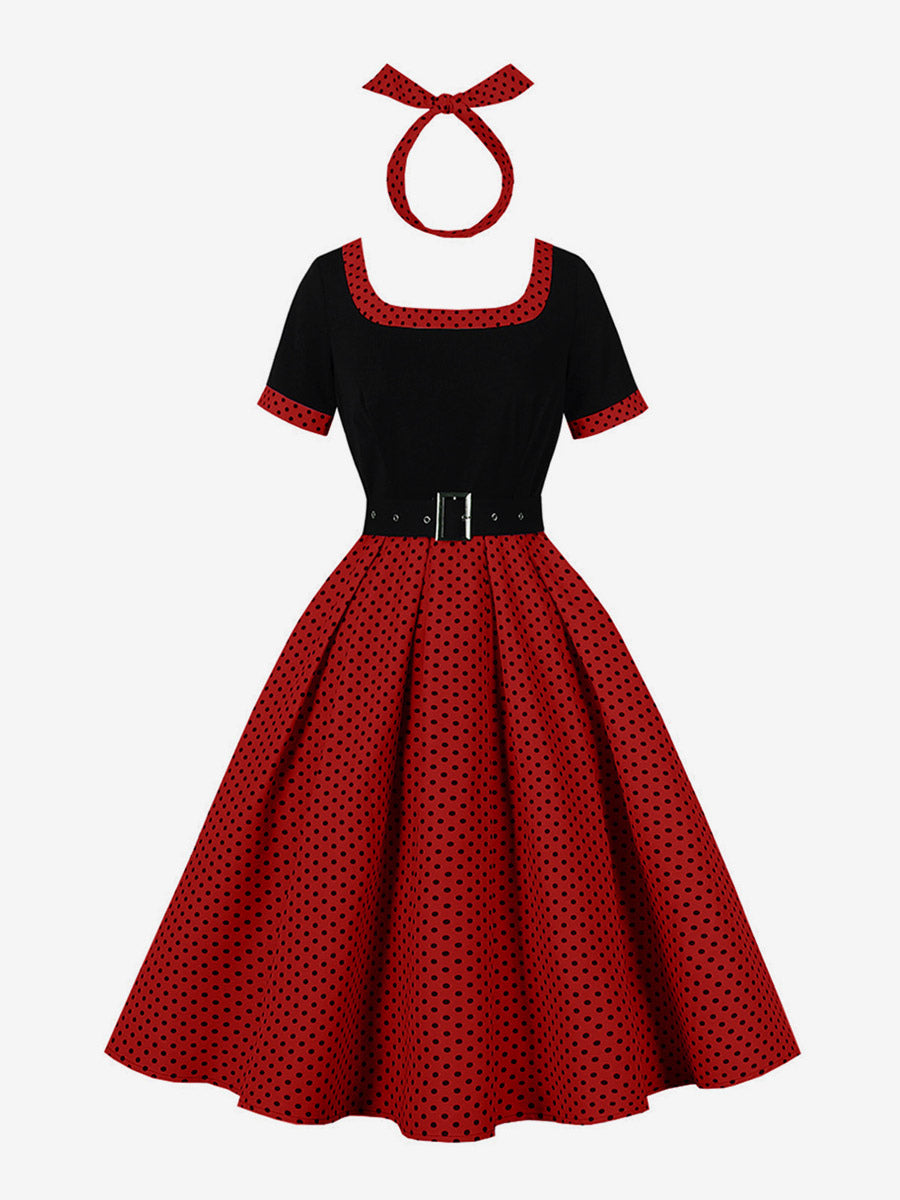 Vintage Swing Dress 1950s Contrast Polka Dot Dress Square Neck Tea Party Dress