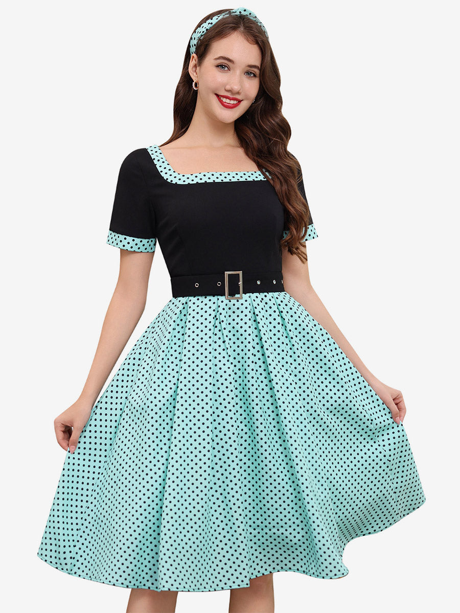 Vintage Swing Dress 1950s Contrast Polka Dot Dress Square Neck Tea Party Dress