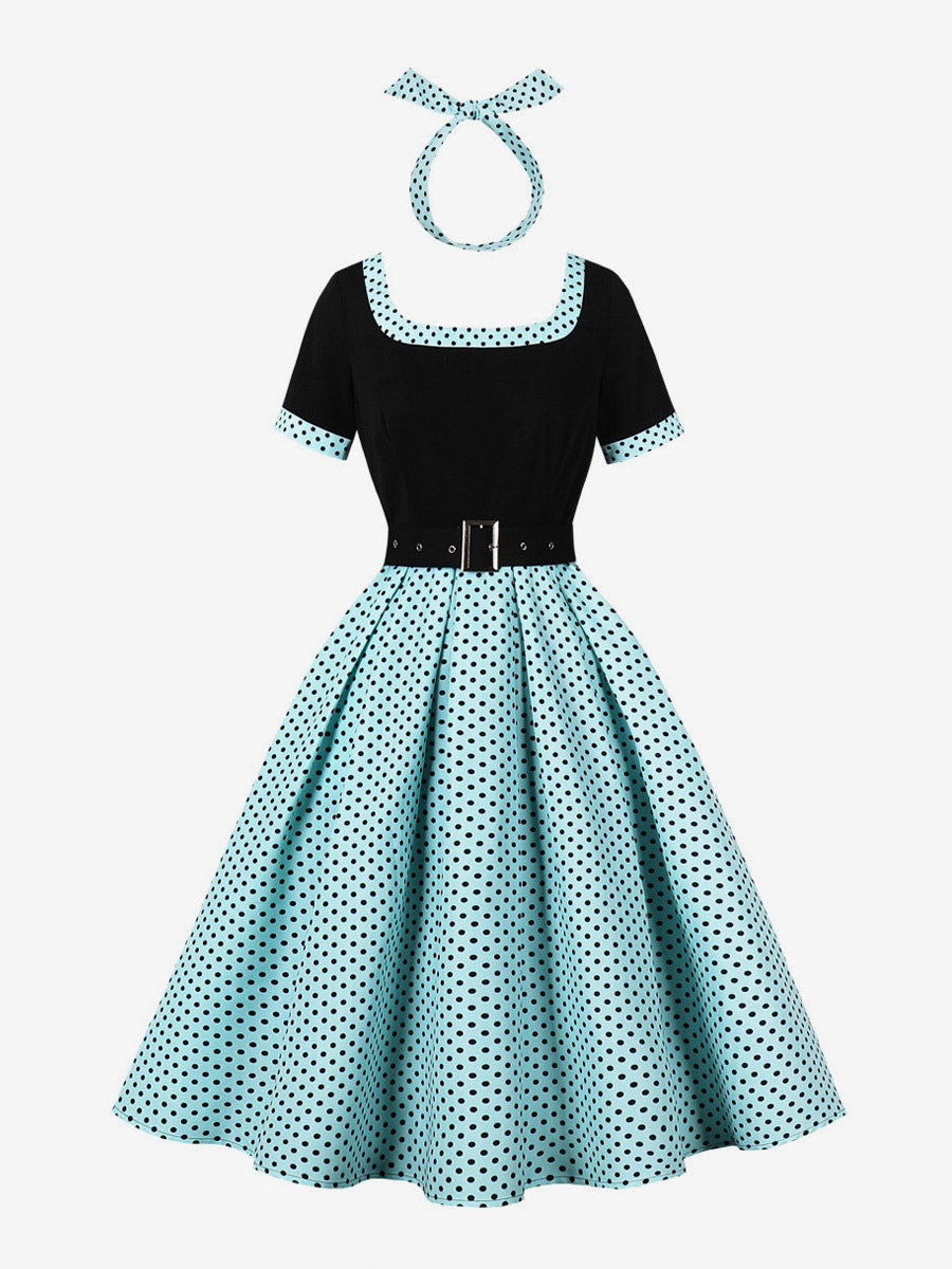 Vintage Swing Dress 1950s Contrast Polka Dot Dress Square Neck Tea Party Dress