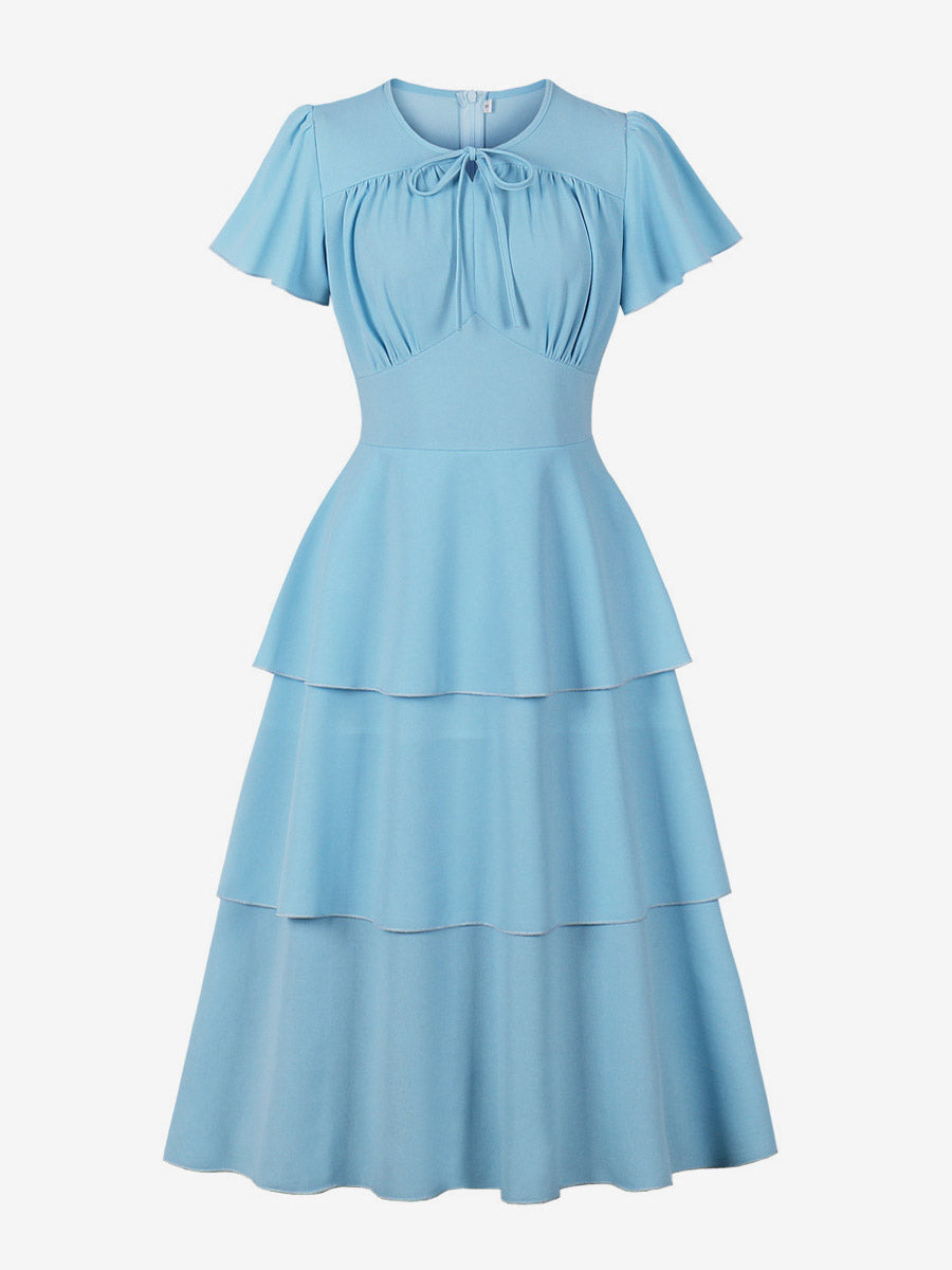 Vintage Dress Women's Elegant Tiered Midi Dress Short Flutter Sleeve Tie Front Fit And Flare Dress