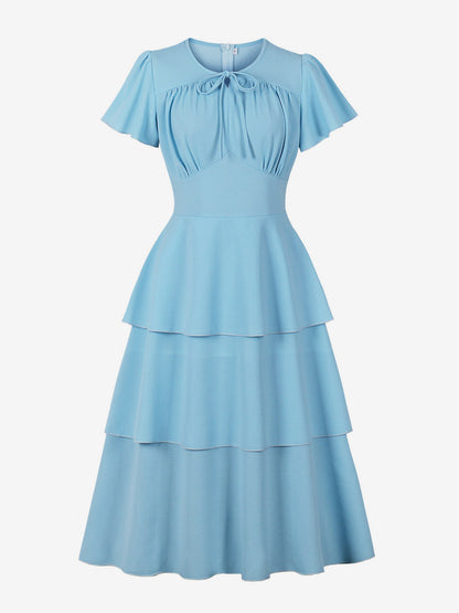 Vintage Dress Women's Elegant Tiered Midi Dress Short Flutter Sleeve Tie Front Fit And Flare Dress