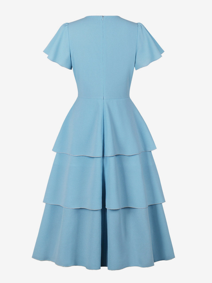 Vintage Dress Women's Elegant Tiered Midi Dress Short Flutter Sleeve Tie Front Fit And Flare Dress