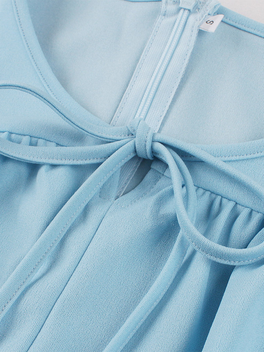 Vintage Dress Women's Elegant Tiered Midi Dress Short Flutter Sleeve Tie Front Fit And Flare Dress