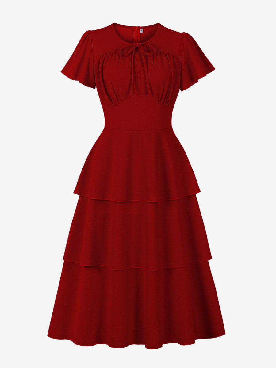 Vintage Dress Women's Elegant Tiered Midi Dress Short Flutter Sleeve Tie Front Fit And Flare Dress
