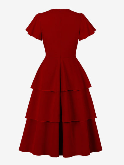 Vintage Dress Women's Elegant Tiered Midi Dress Short Flutter Sleeve Tie Front Fit And Flare Dress