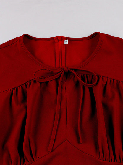 Vintage Dress Women's Elegant Tiered Midi Dress Short Flutter Sleeve Tie Front Fit And Flare Dress