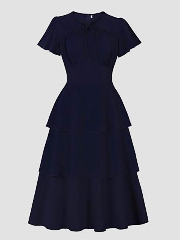 Vintage Dress Women's Elegant Tiered Midi Dress Short Flutter Sleeve Tie Front Fit And Flare Dress
