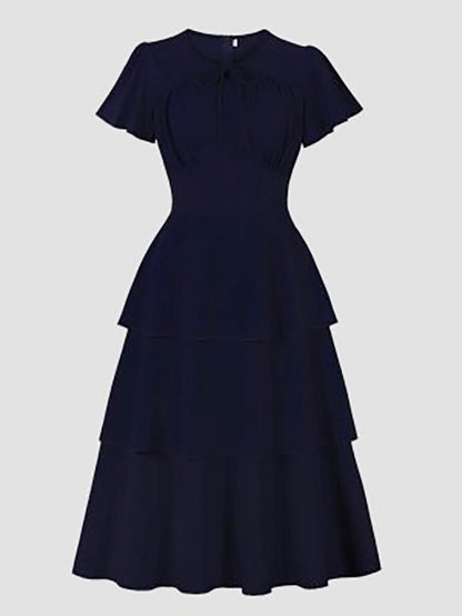 Vintage Dress Women's Elegant Tiered Midi Dress Short Flutter Sleeve Tie Front Fit And Flare Dress