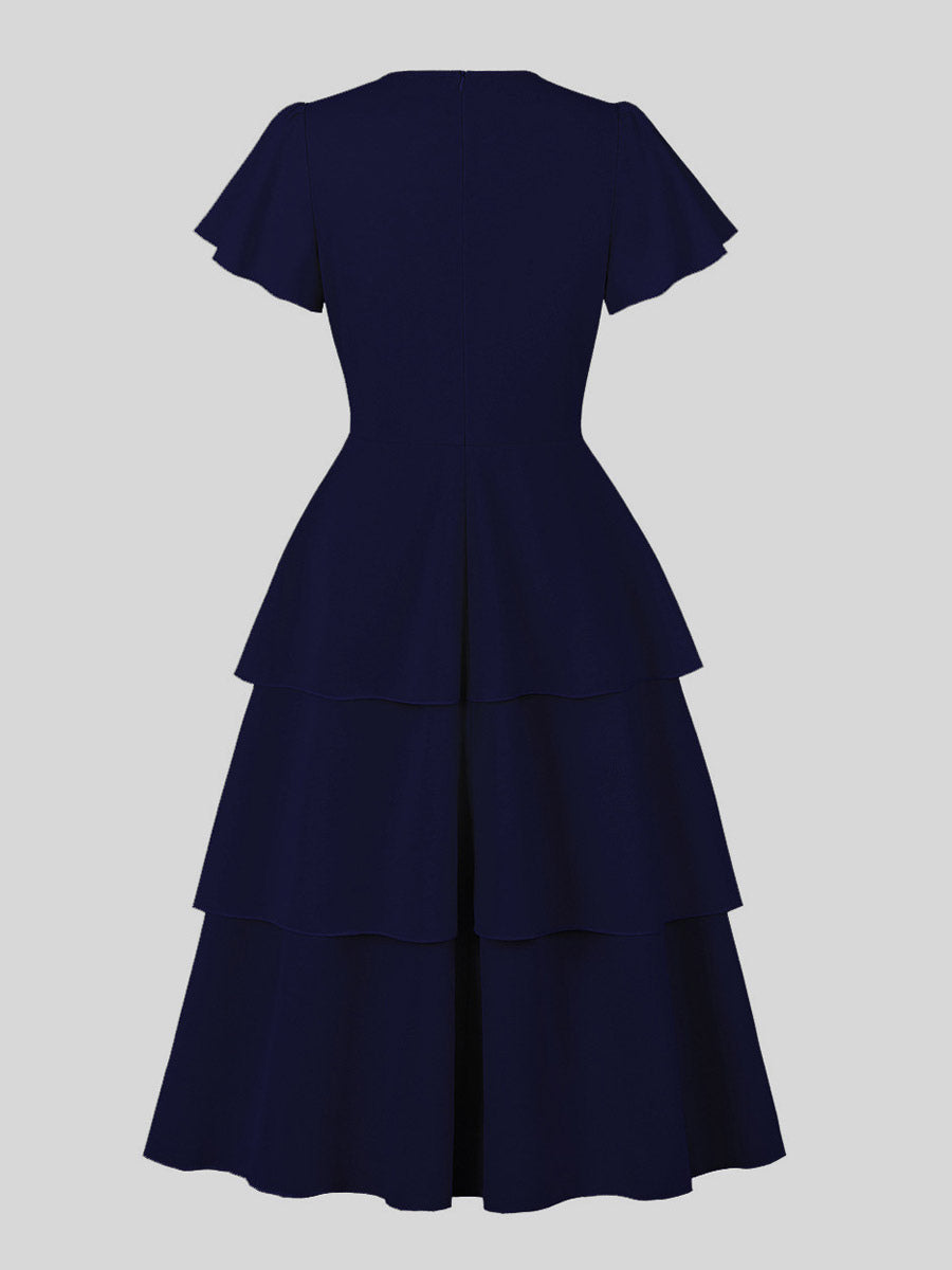 Vintage Dress Women's Elegant Tiered Midi Dress Short Flutter Sleeve Tie Front Fit And Flare Dress