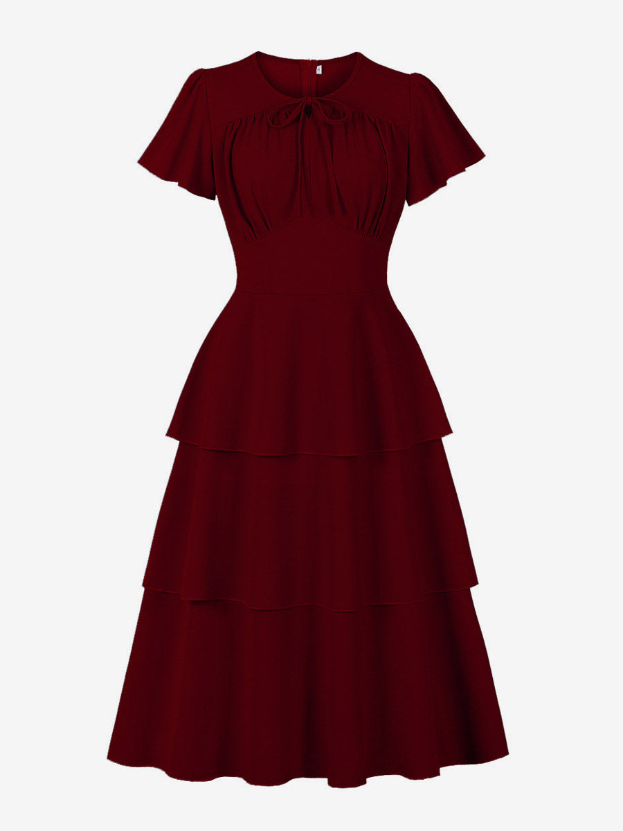 Vintage Dress Women's Elegant Tiered Midi Dress Short Flutter Sleeve Tie Front Fit And Flare Dress
