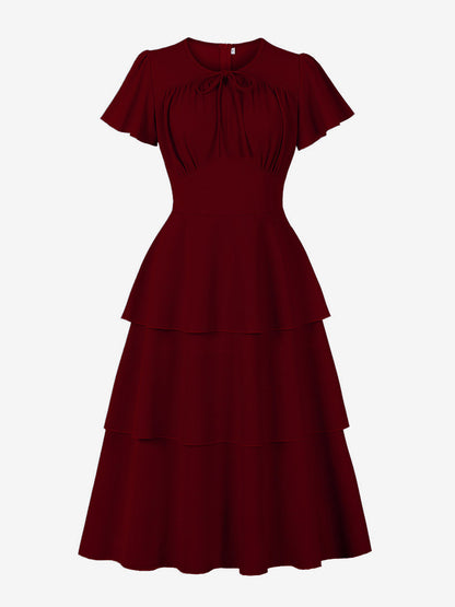 Vintage Dress Women's Elegant Tiered Midi Dress Short Flutter Sleeve Tie Front Fit And Flare Dress