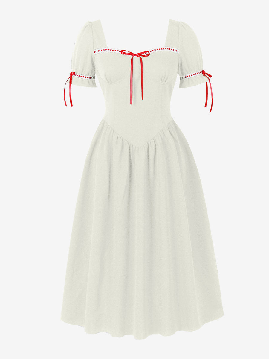 Vintage Dress Women's Puff Sleeve Midi Dress Square Neck Tie Front Fit And Flare Vintage Dress