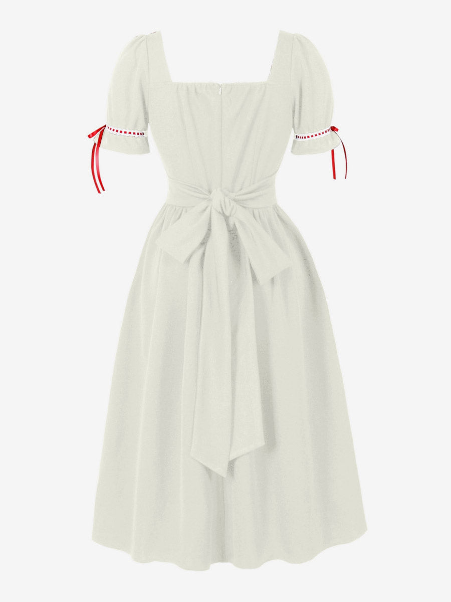 Vintage Dress Women's Puff Sleeve Midi Dress Square Neck Tie Front Fit And Flare Vintage Dress