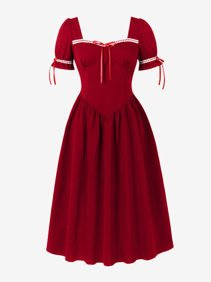 Vintage Dress Women's Puff Sleeve Midi Dress Square Neck Tie Front Fit And Flare Vintage Dress