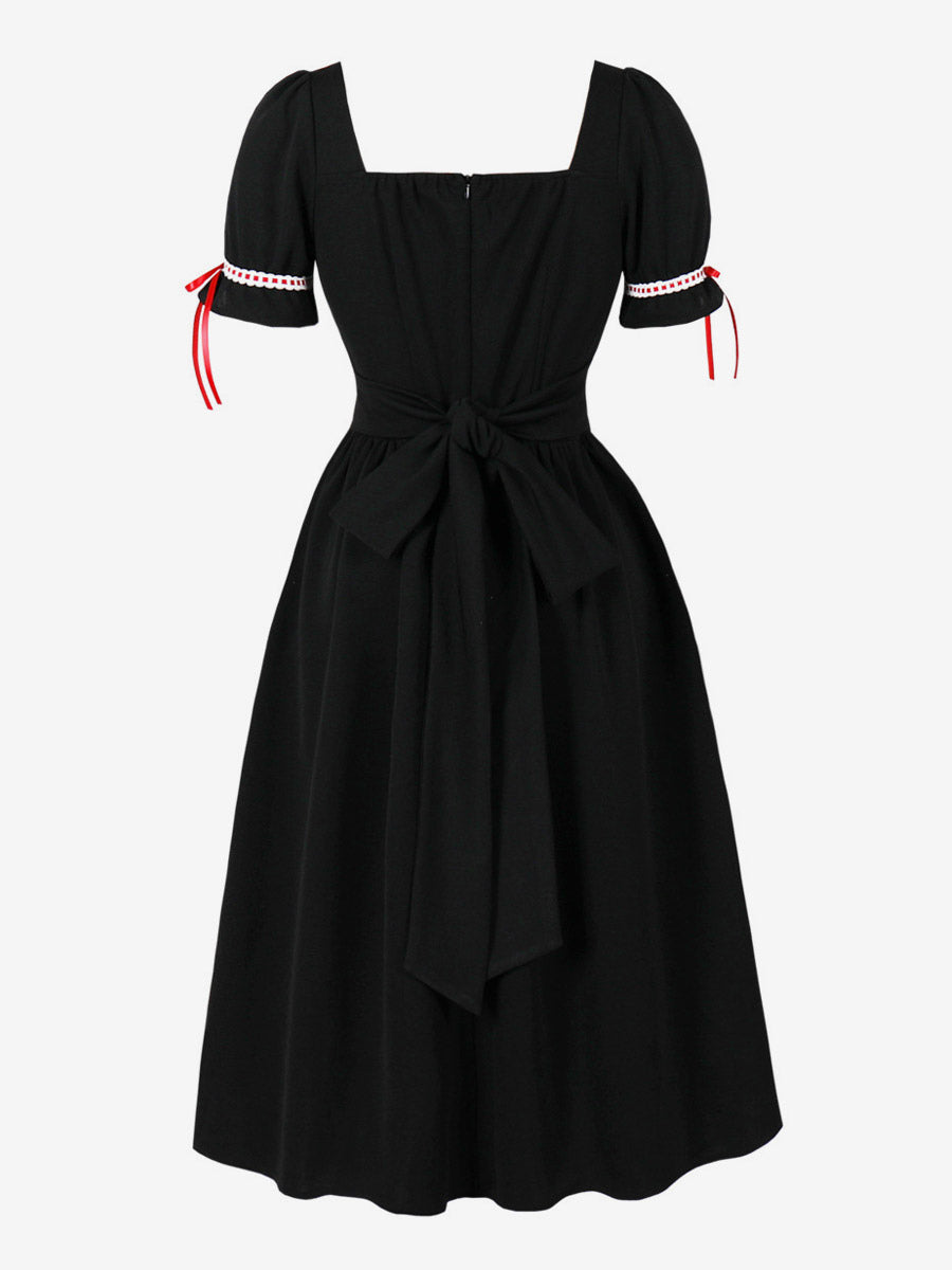 Vintage Dress Women's Puff Sleeve Midi Dress Square Neck Tie Front Fit And Flare Vintage Dress