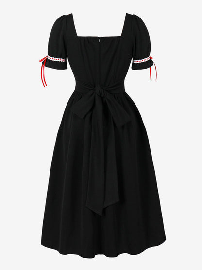 Vintage Dress Women's Puff Sleeve Midi Dress Square Neck Tie Front Fit And Flare Vintage Dress