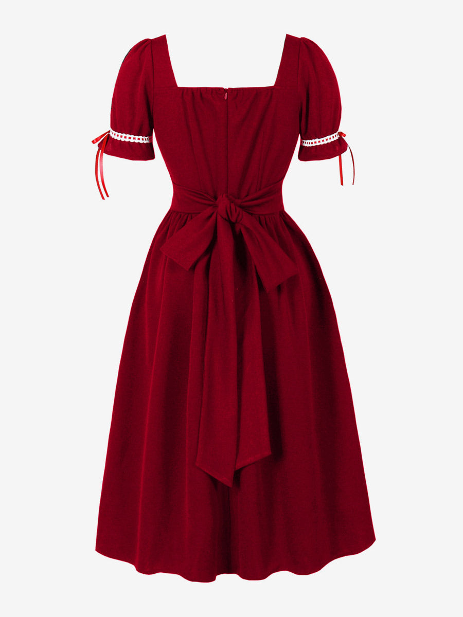 Vintage Dress Women's Puff Sleeve Midi Dress Square Neck Tie Front Fit And Flare Vintage Dress