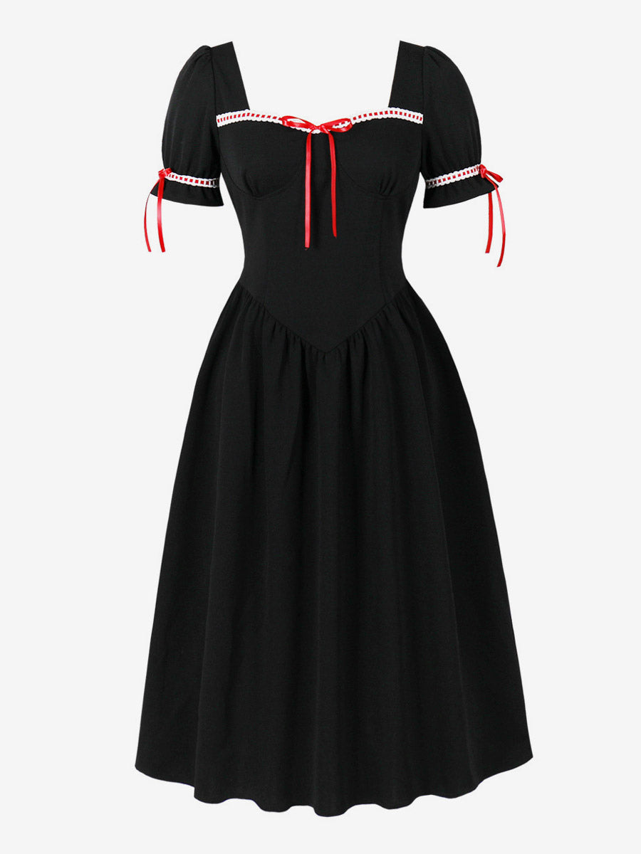 Vintage Dress Women's Puff Sleeve Midi Dress Square Neck Tie Front Fit And Flare Vintage Dress