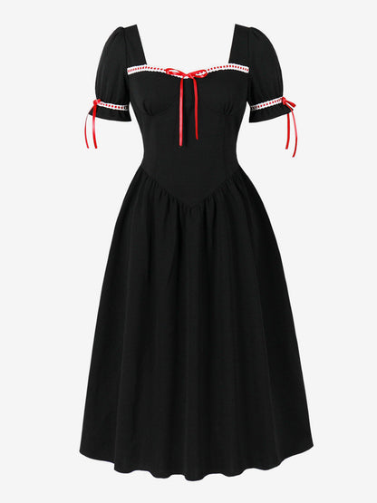 Vintage Dress Women's Puff Sleeve Midi Dress Square Neck Tie Front Fit And Flare Vintage Dress