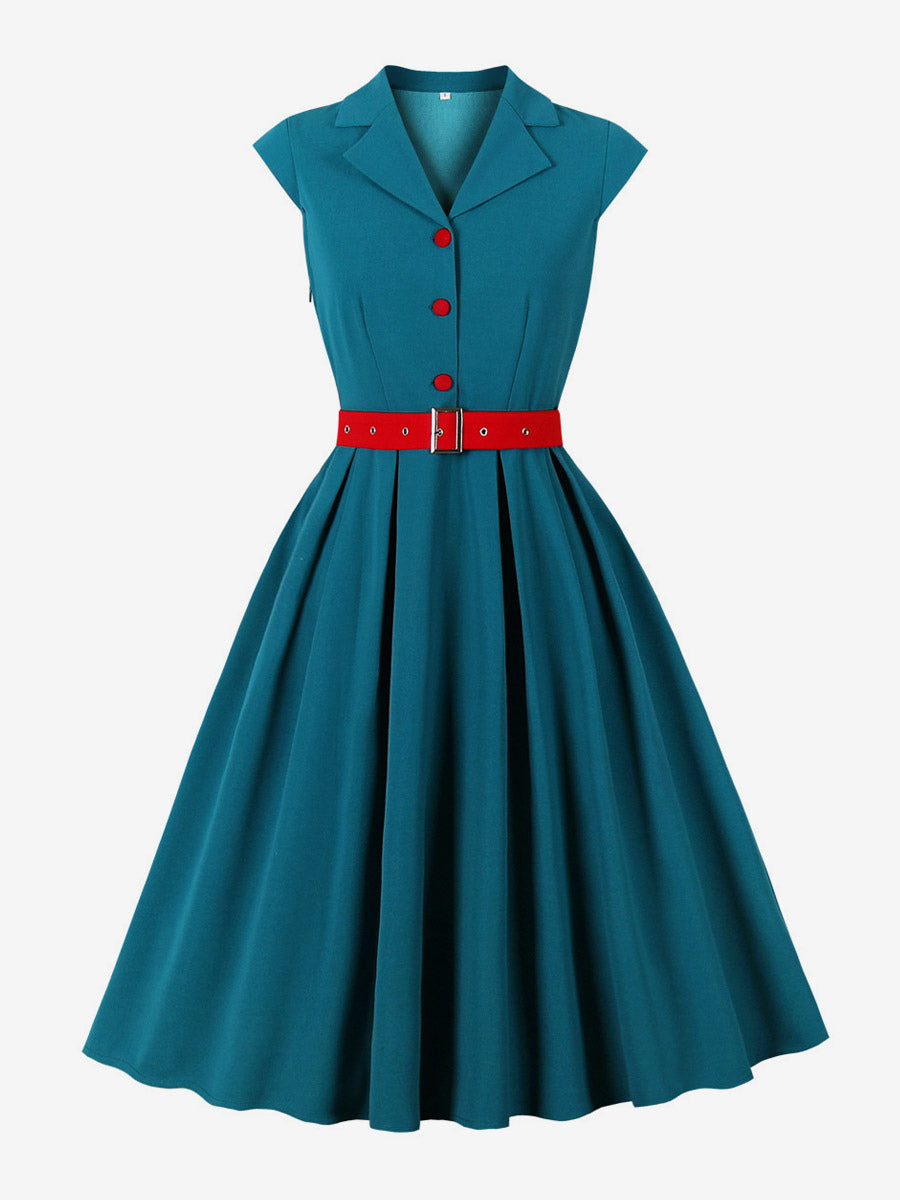 Women's 1950s Vintage Swing Dress Sleeveless Collared A-Line Tea Party Dress