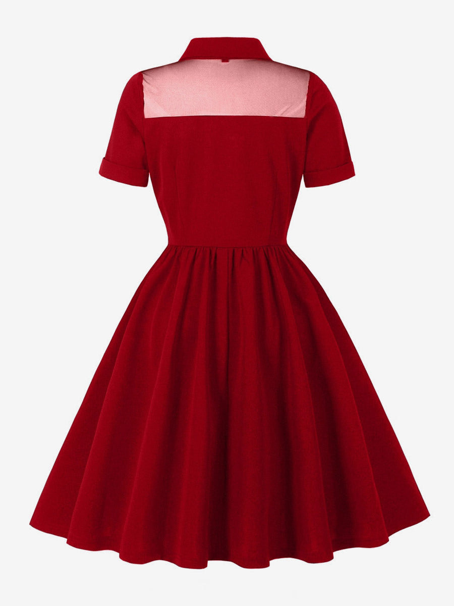 Women's 1950s Vintage Swing Dress Mesh Contrast Collar Button Front Midi Dress