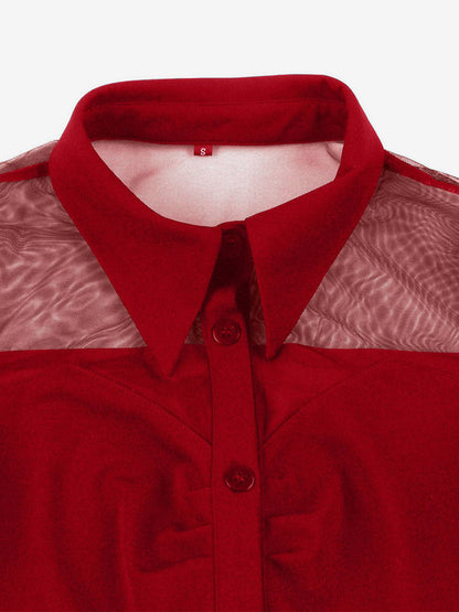 Women's 1950s Vintage Swing Dress Mesh Contrast Collar Button Front Midi Dress