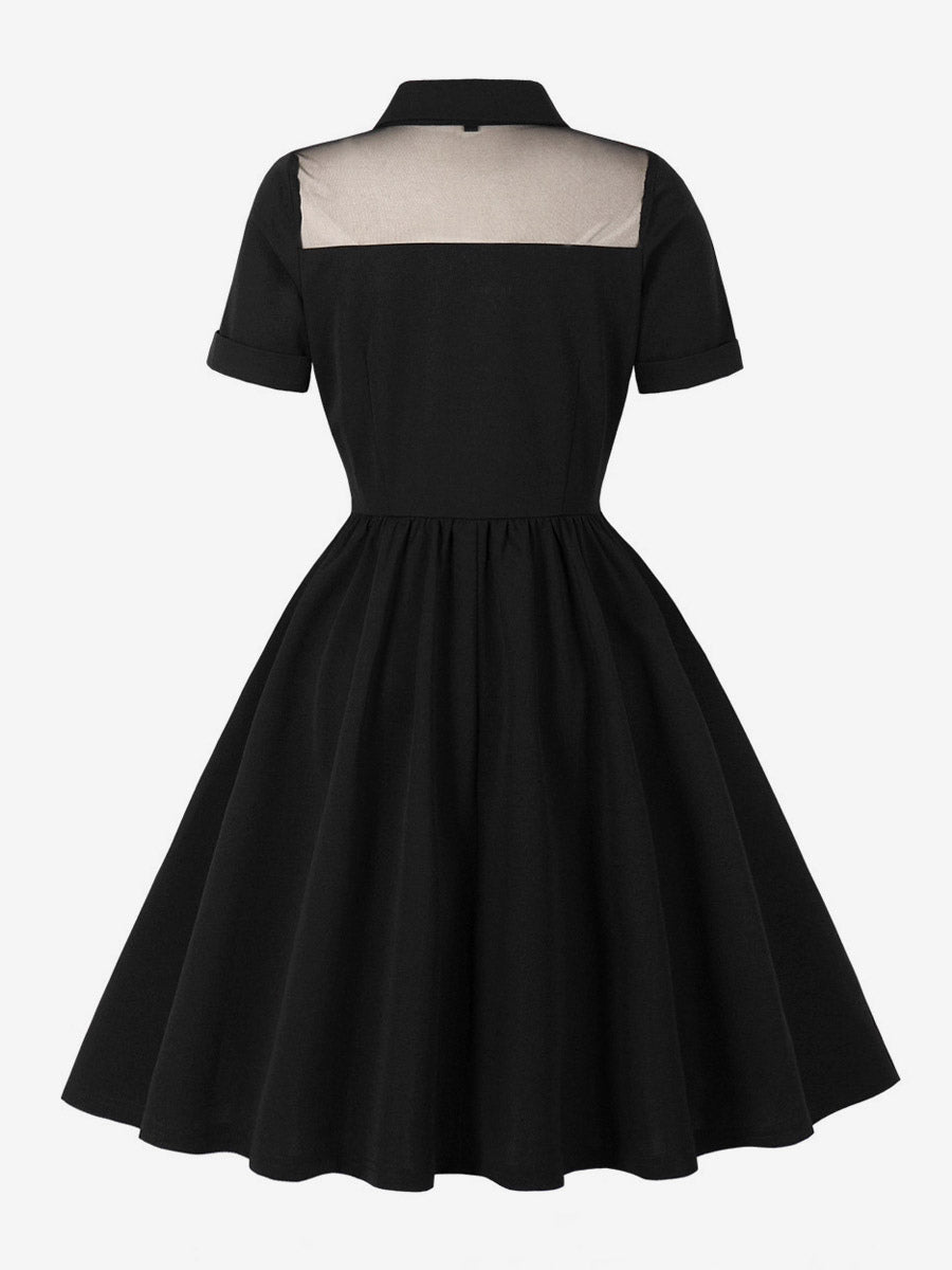 Women's 1950s Vintage Swing Dress Mesh Contrast Collar Button Front Midi Dress