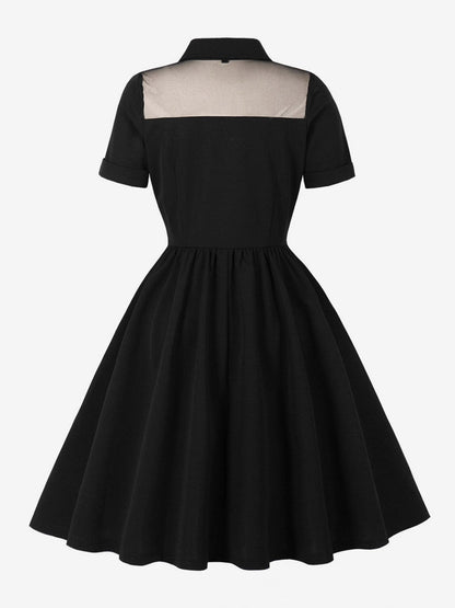Women's 1950s Vintage Swing Dress Mesh Contrast Collar Button Front Midi Dress