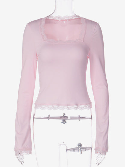 Lace Edge Square Neck Flare Sleeve Slim Basic Long Sleeve Top