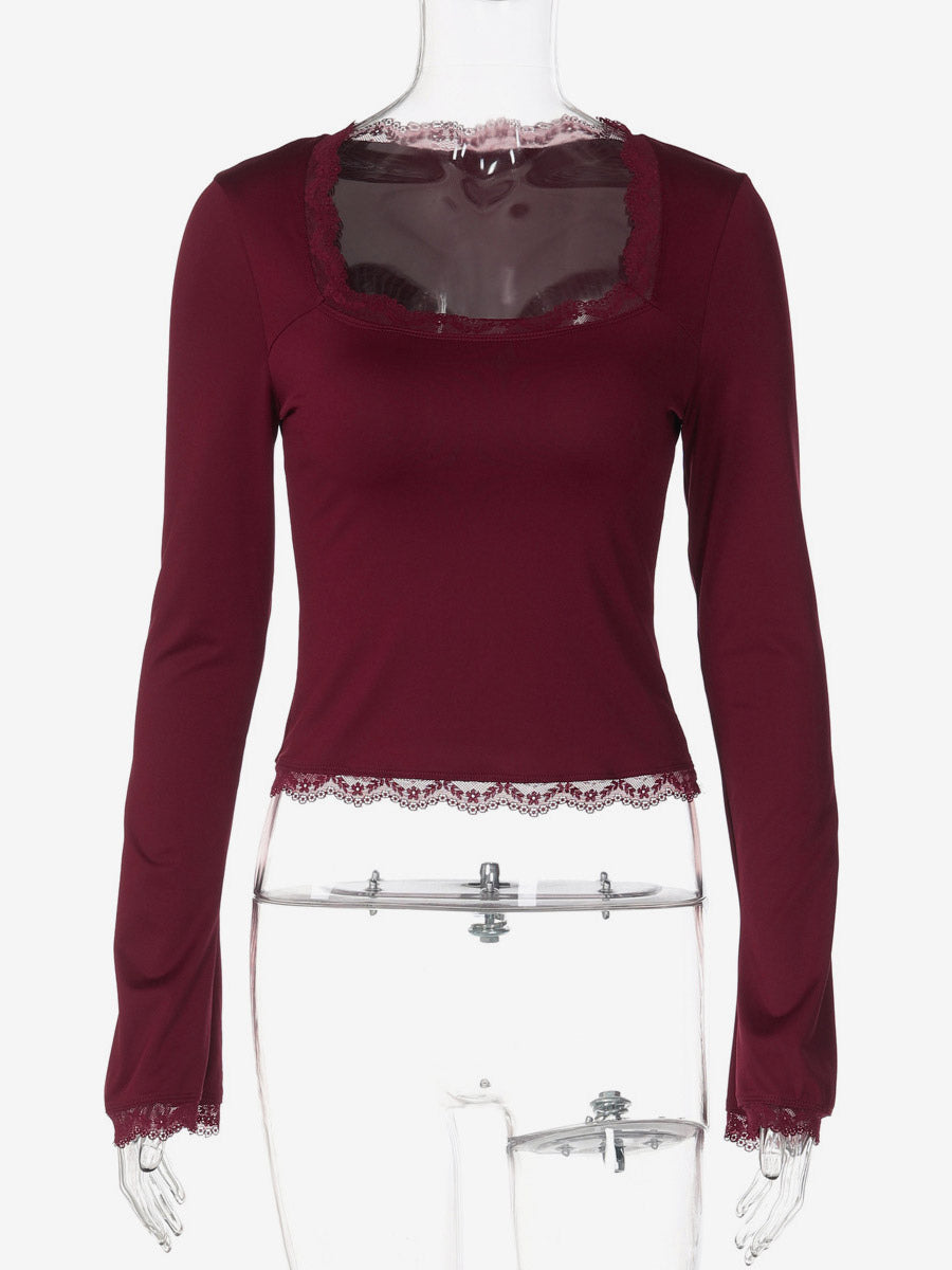 Lace Edge Square Neck Flare Sleeve Slim Basic Long Sleeve Top