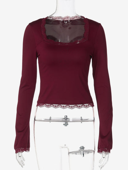 Lace Edge Square Neck Flare Sleeve Slim Basic Long Sleeve Top