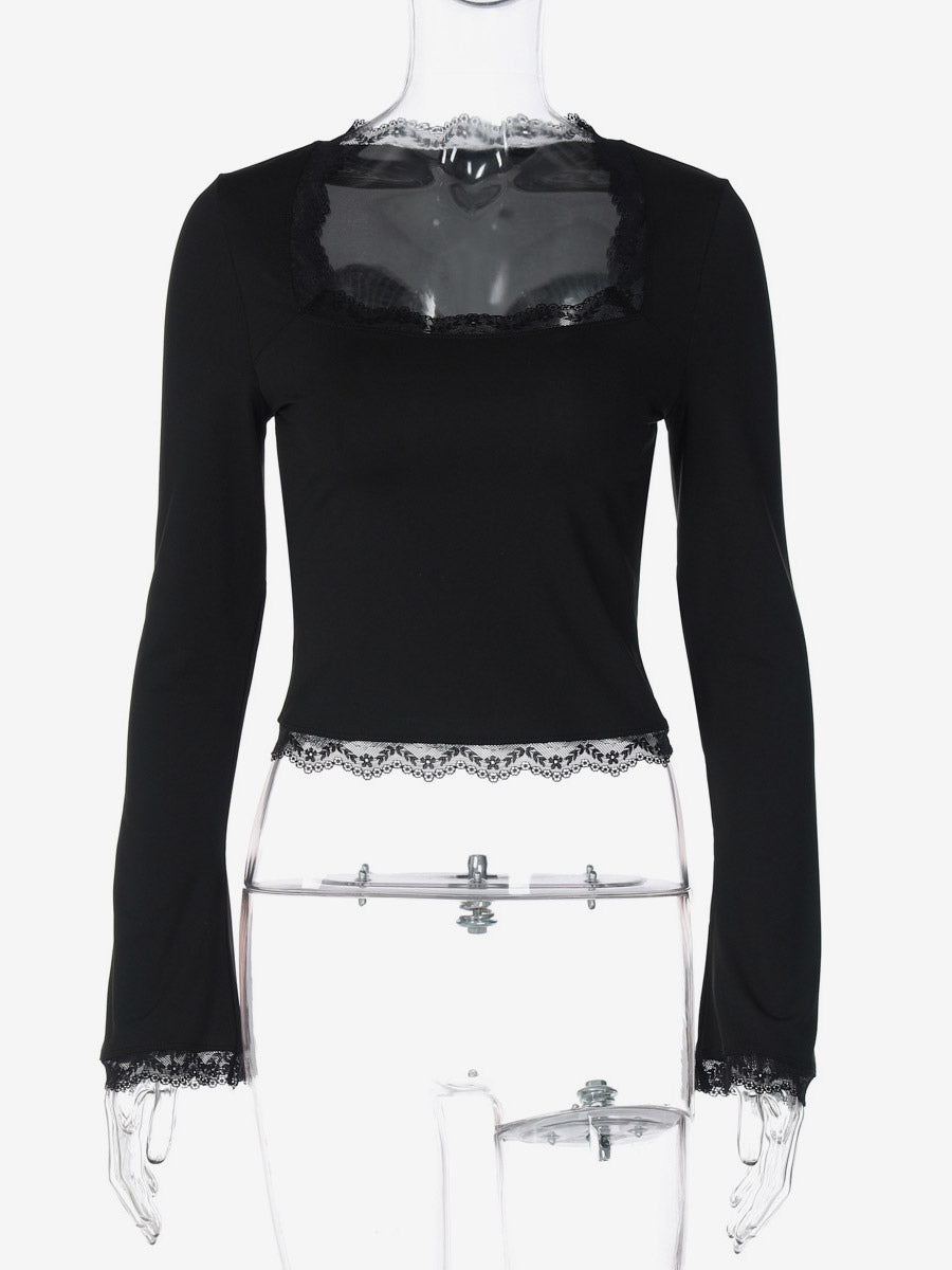 Lace Edge Square Neck Flare Sleeve Slim Basic Long Sleeve Top