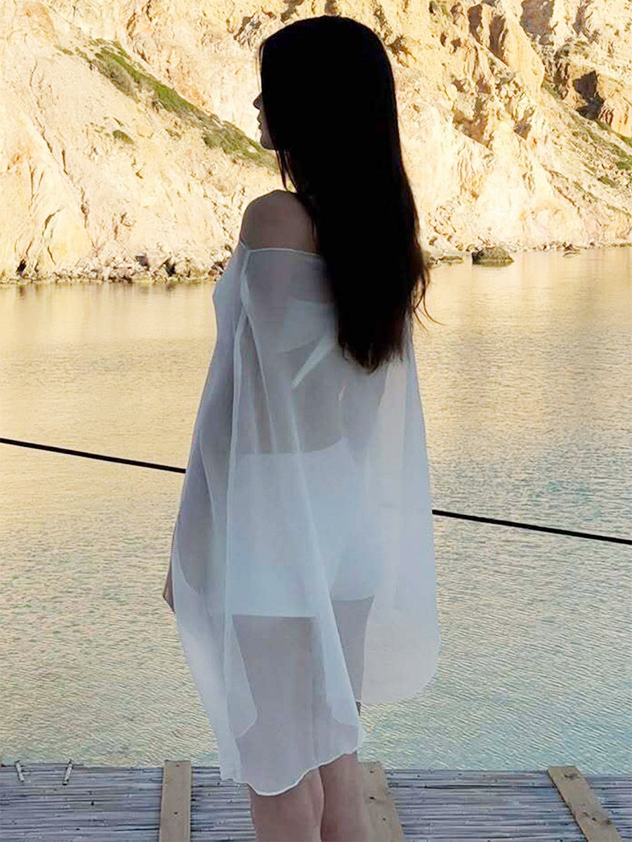 Sheer Chiffon Batwing Sleeve Cape Beach Cover Up