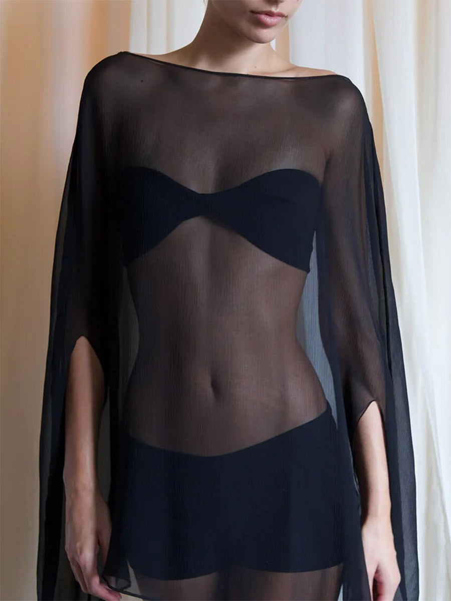 Sheer Chiffon Batwing Sleeve Cape Beach Cover Up