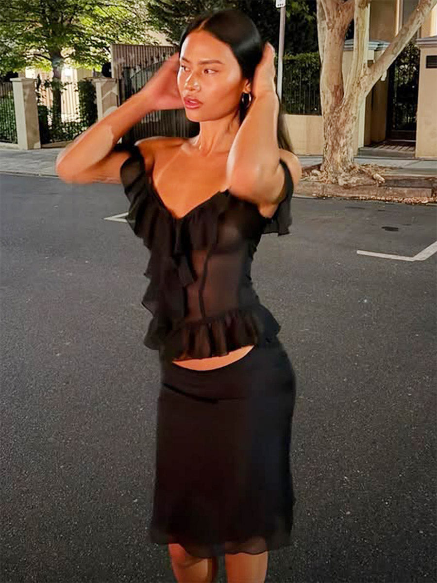 Crop Top Off-the-Shoulder Ruffle Sheer Mesh Peplum Top