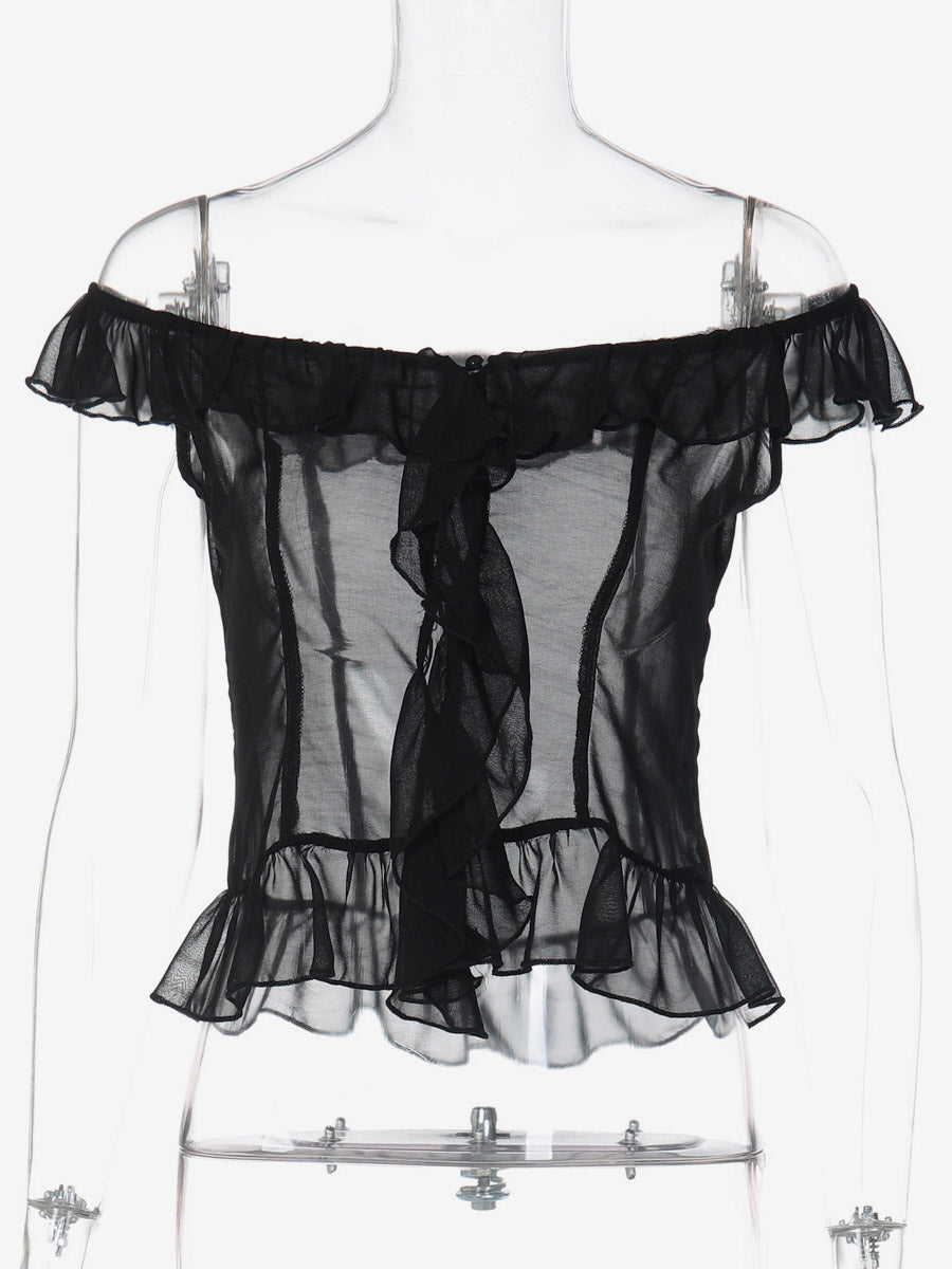 Crop Top Off-the-Shoulder Ruffle Sheer Mesh Peplum Top