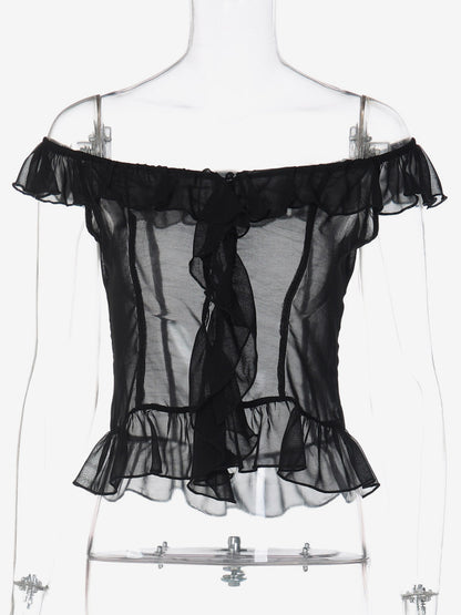 Crop Top Off-the-Shoulder Ruffle Sheer Mesh Peplum Top