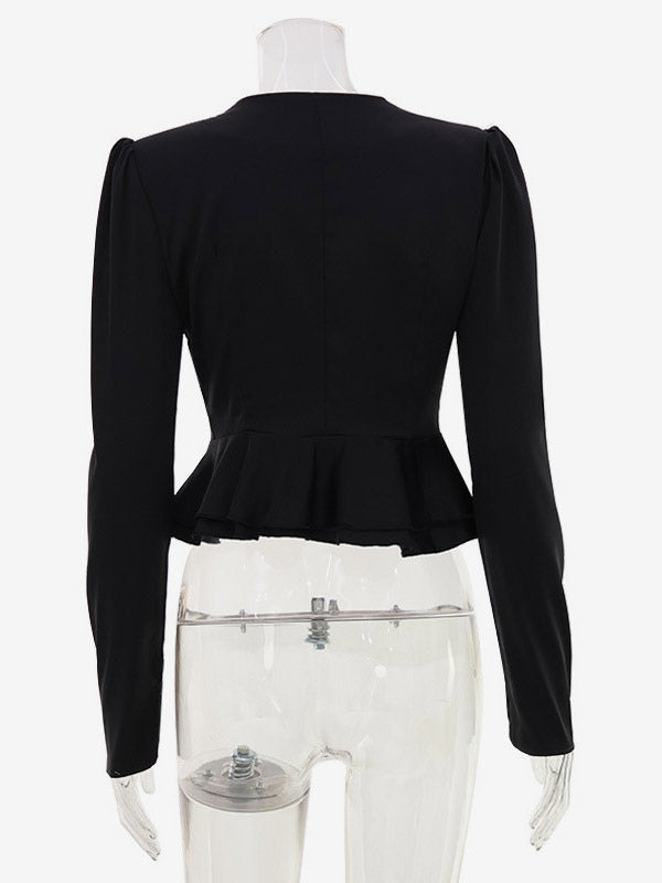 Satin Deep V Puff Shoulder Ruffle Hem Cropped Blouse Long Sleeve Slim Top