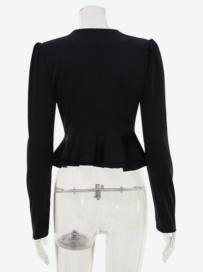Satin Deep V Puff Shoulder Ruffle Hem Cropped Blouse Long Sleeve Slim Top