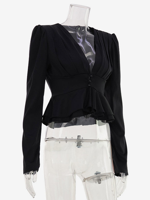 Satin Deep V Puff Shoulder Ruffle Hem Cropped Blouse Long Sleeve Slim Top