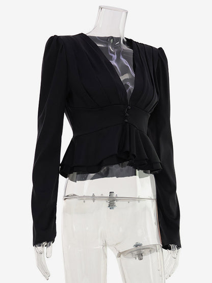 Satin Deep V Puff Shoulder Ruffle Hem Cropped Blouse Long Sleeve Slim Top